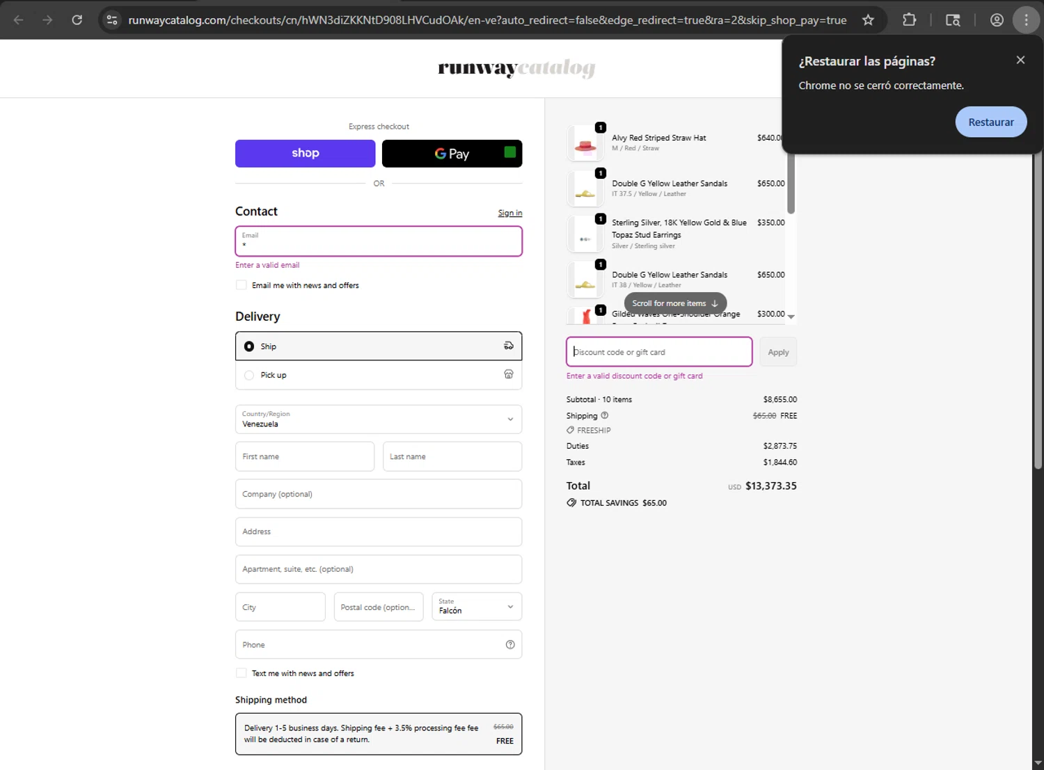 Runway Catalog promo code screenshot showing code FNL15 applied at Runway Catalog checkout page. Uploaded by SimplyCodes community member fiadaz on Oct 2, 2025