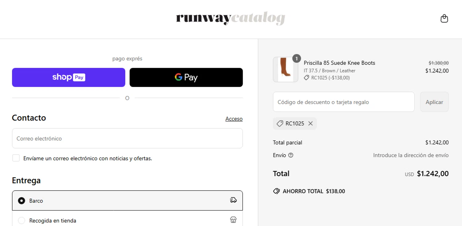 Runway Catalog promo code screenshot showing code RC1025 applied at Runway Catalog checkout page. Uploaded by SimplyCodes community member Jhonny on Mar 30, 2025