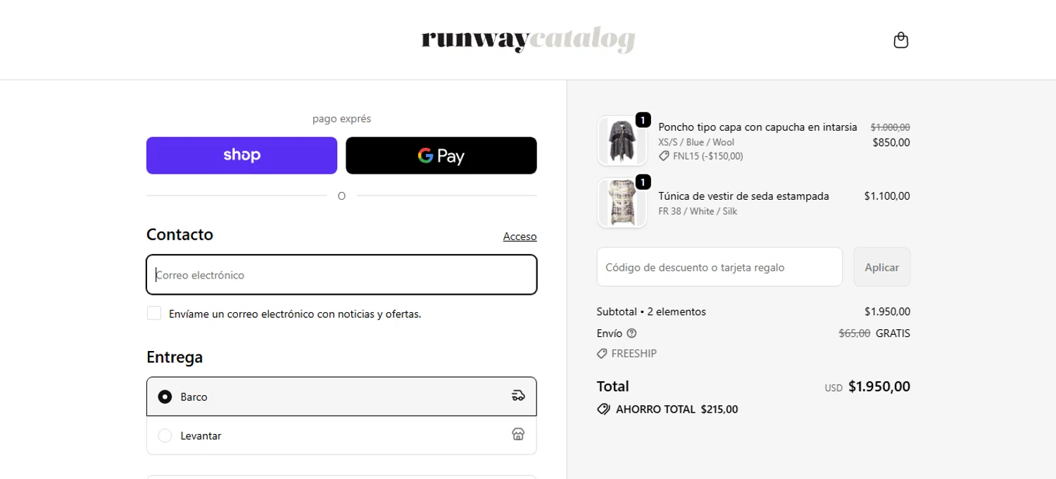 Runway Catalog promo code screenshot showing code FNL15 applied at Runway Catalog checkout page. Uploaded by SimplyCodes community member bettercallkim on Oct 2, 2025