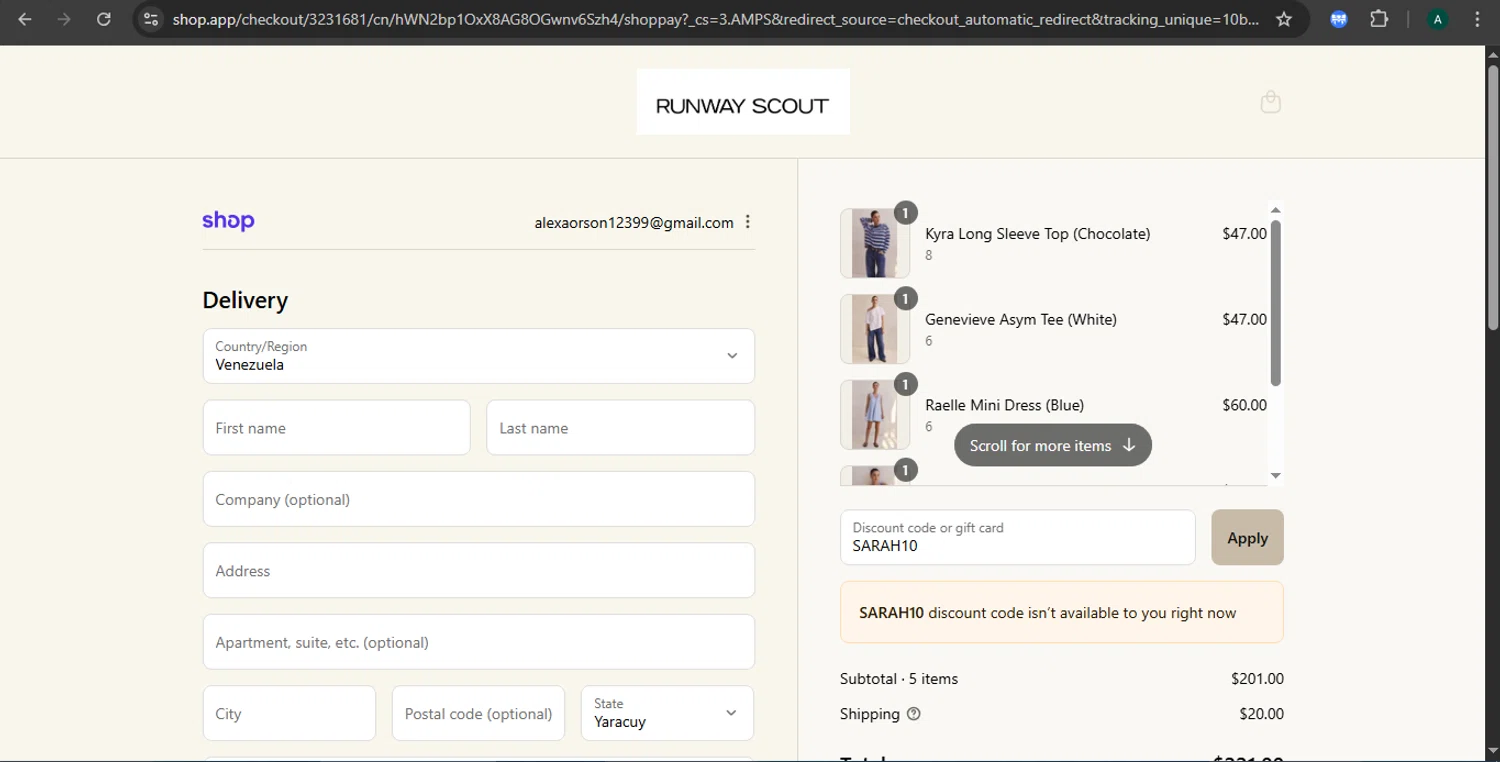 RunwayScout promo code screenshot showing code SARAH10 applied at RunwayScout checkout page. Uploaded by SimplyCodes community member CoinGuardian4017 on Sep 5, 2025