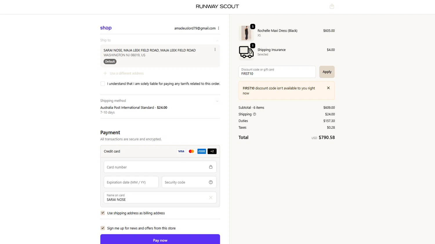 RunwayScout promo code screenshot showing code FIRST10 applied at RunwayScout checkout page. Uploaded by SimplyCodes community member MrsPopo on Nov 9, 2025
