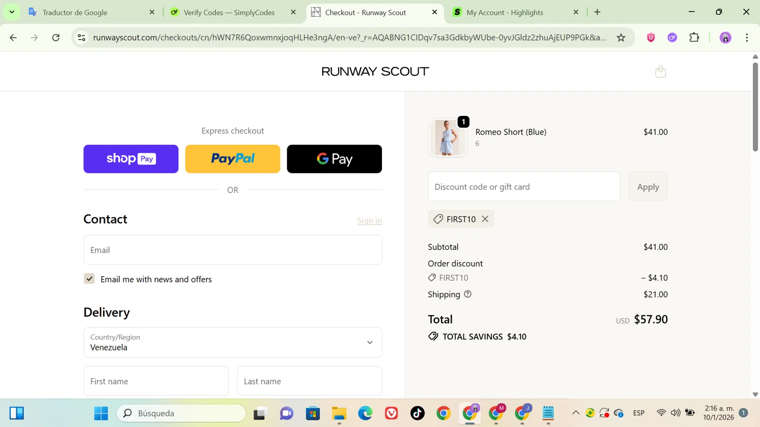 RunwayScout promo code screenshot showing code FIRST10 applied at RunwayScout checkout page. Uploaded by SimplyCodes community member Patricioestrella on Jan 10, 2026