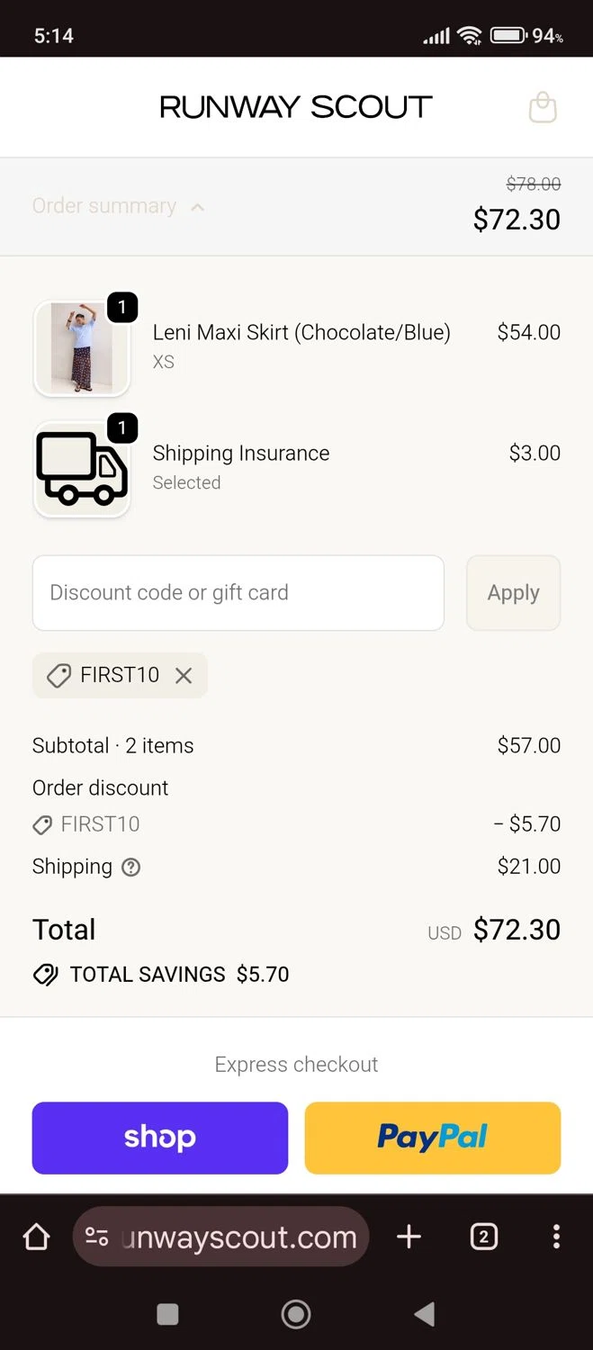 RunwayScout promo code screenshot showing code FIRST10 applied at RunwayScout checkout page. Uploaded by SimplyCodes community member carlacabrera1 on Nov 12, 2025