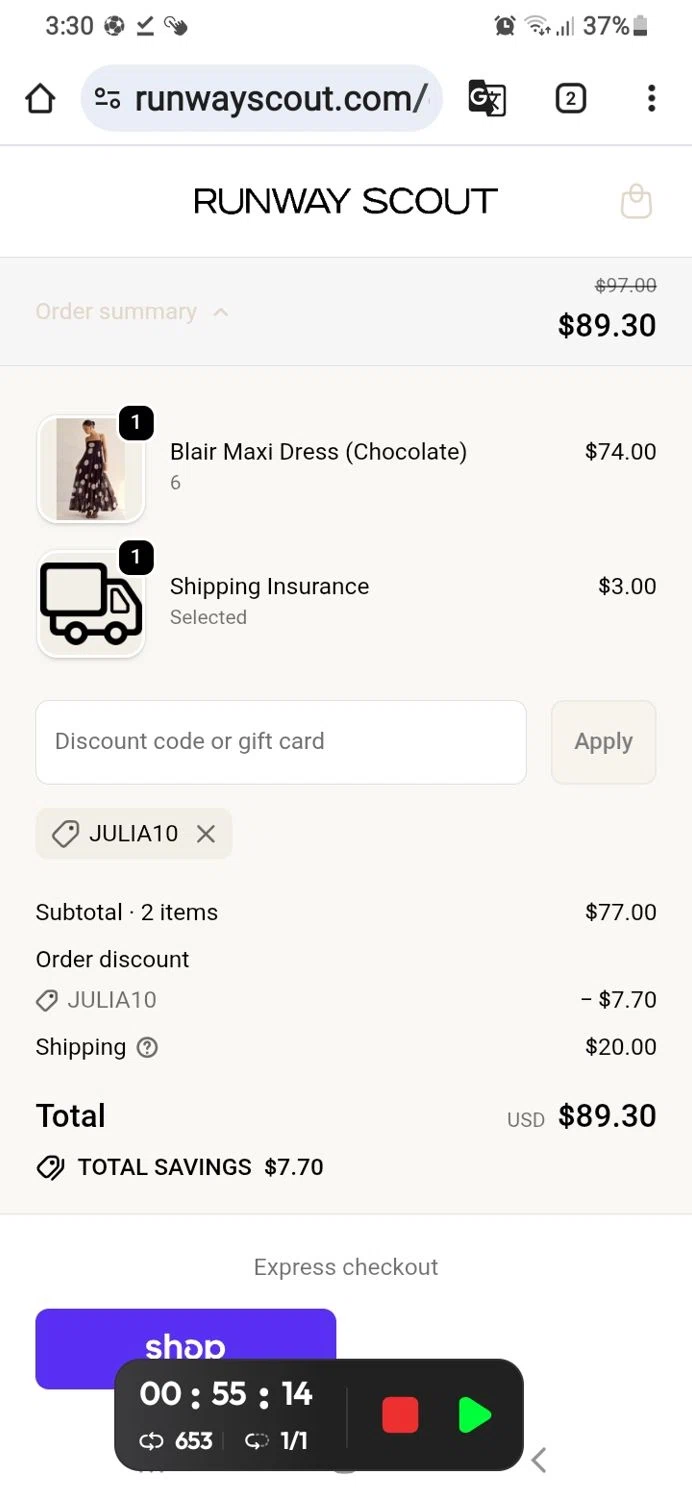 RunwayScout promo code screenshot showing code JULIA10 applied at RunwayScout checkout page. Uploaded by SimplyCodes community member GoldSeeker7901 on Nov 5, 2025