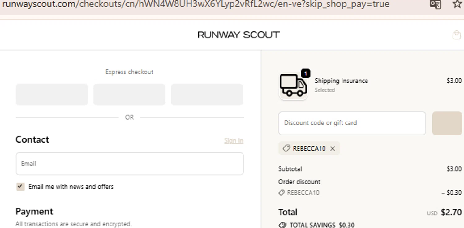 RunwayScout promo code screenshot showing code Rebecca10 applied at RunwayScout checkout page. Uploaded by SimplyCodes community member BudgetLion5814 on Oct 25, 2025