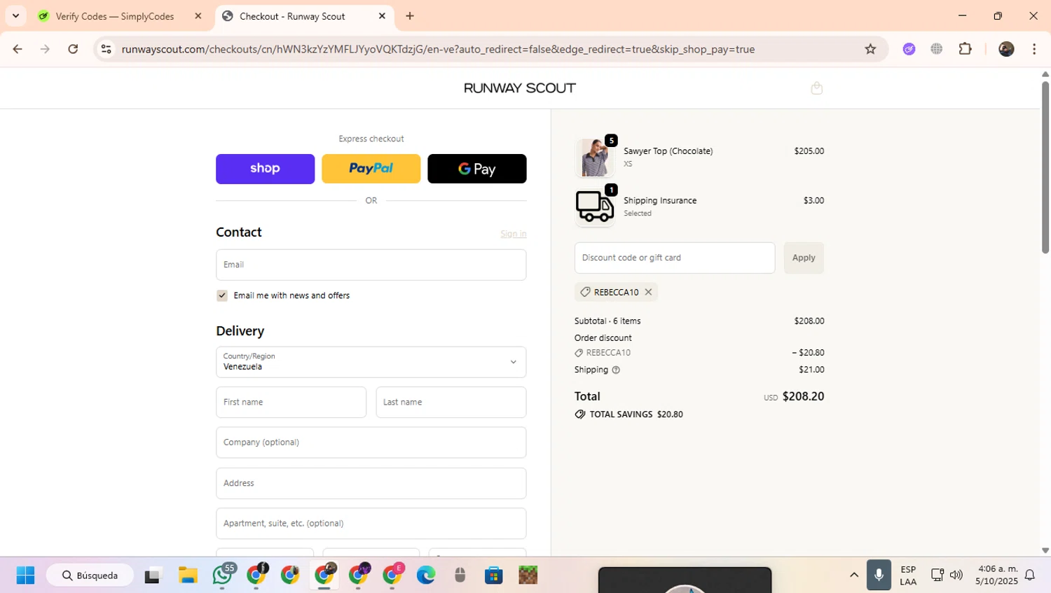 RunwayScout promo code screenshot showing code Rebecca10 applied at RunwayScout checkout page. Uploaded by SimplyCodes community member CoinScout855 on Oct 5, 2025
