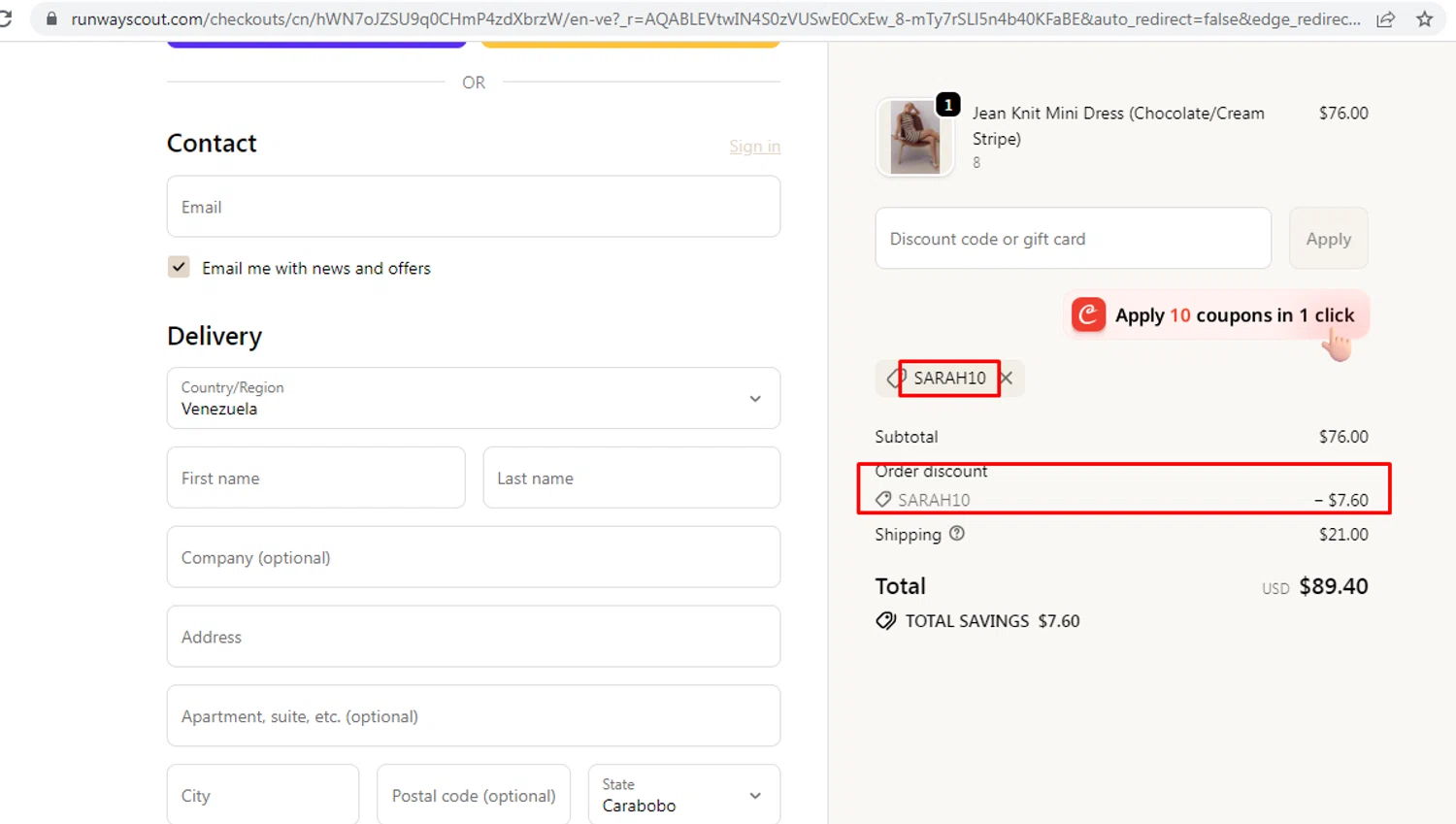 RunwayScout promo code screenshot showing code SARAH10 applied at RunwayScout checkout page. Uploaded by SimplyCodes community member nileskamarcano on Jan 20, 2026