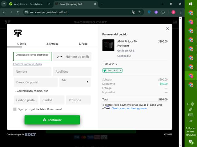 Ruroc checkout page showing Ruroc discount code box | Screenshot taken by SimplyCodes community member on Jul 15, 2025