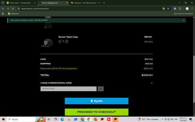 Ruroc checkout page showing Ruroc discount code box | Screenshot taken by SimplyCodes community member on Aug 13, 2025