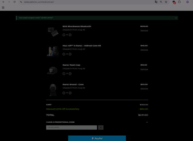 Ruroc checkout page showing Ruroc discount code box | Screenshot taken by SimplyCodes community member on Aug 18, 2025