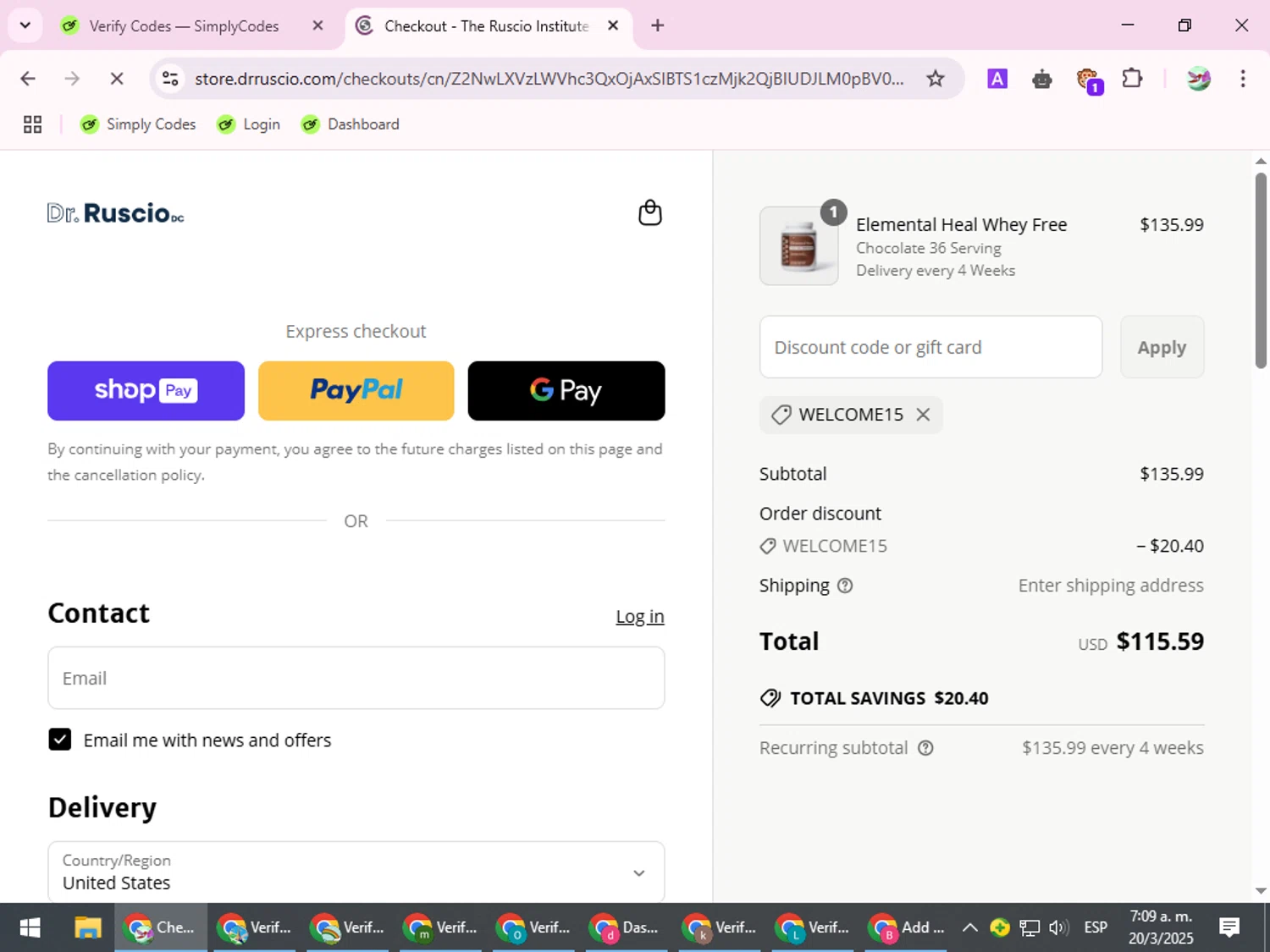 Ruscio Institute Online Store promo code screenshot showing code WELCOME15 applied at Ruscio Institute Online Store checkout page. Uploaded by SimplyCodes community member SilverExpert5694 on Mar 20, 2025