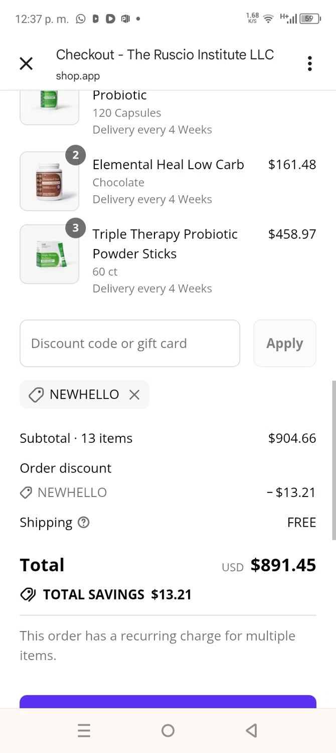 Ruscio Institute Online Store promo code screenshot showing code NEWHELLO applied at Ruscio Institute Online Store checkout page. Uploaded by SimplyCodes community member coromotopalmar on Aug 15, 2025