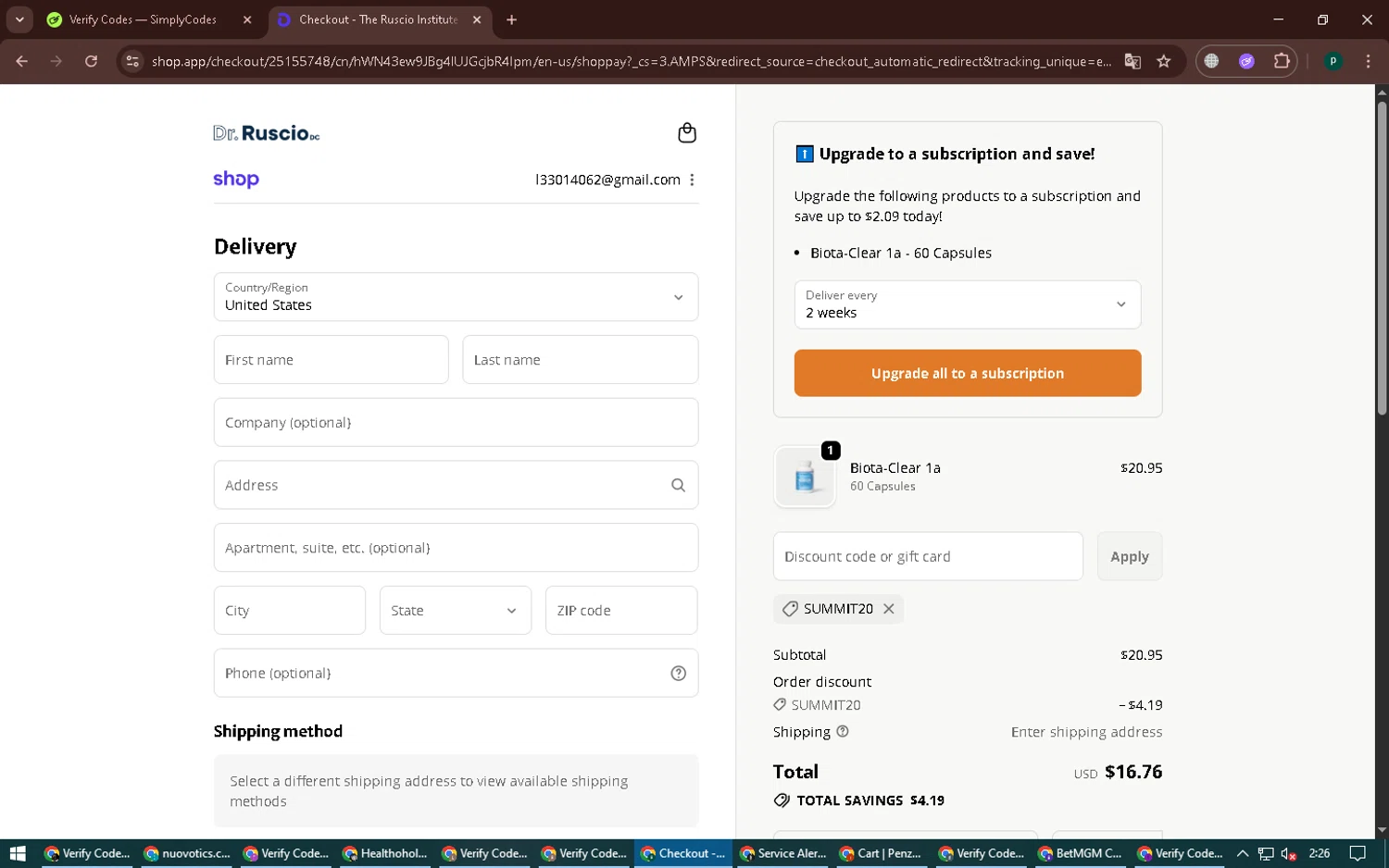 Ruscio Institute Online Store promo code screenshot showing code SUMMIT20 applied at Ruscio Institute Online Store checkout page. Uploaded by SimplyCodes community member ExtraordinaryVirtuoso6801 on Oct 13, 2025