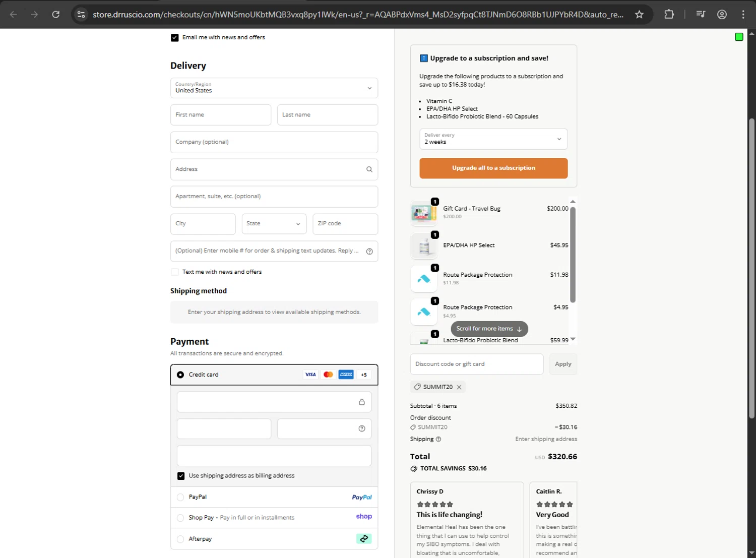 Ruscio Institute Online Store promo code screenshot showing code SUMMIT20 applied at Ruscio Institute Online Store checkout page. Uploaded by SimplyCodes community member RINITOSHI on Nov 27, 2025