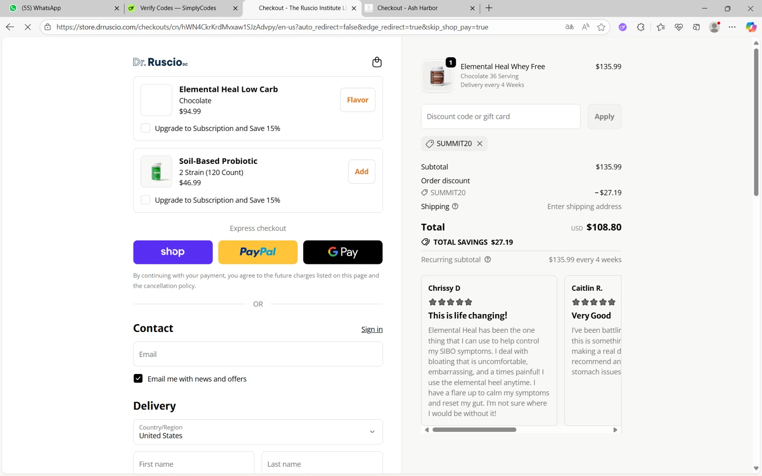 Ruscio Institute Online Store promo code screenshot showing code SUMMIT20 applied at Ruscio Institute Online Store checkout page. Uploaded by SimplyCodes community member juanx1702 on Oct 17, 2025