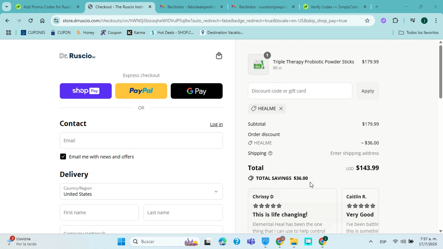 Ruscio Institute Online Store promo code screenshot showing code HEALME applied at Ruscio Institute Online Store checkout page. Uploaded by SimplyCodes community member ABHF23 on Jul 17, 2025
