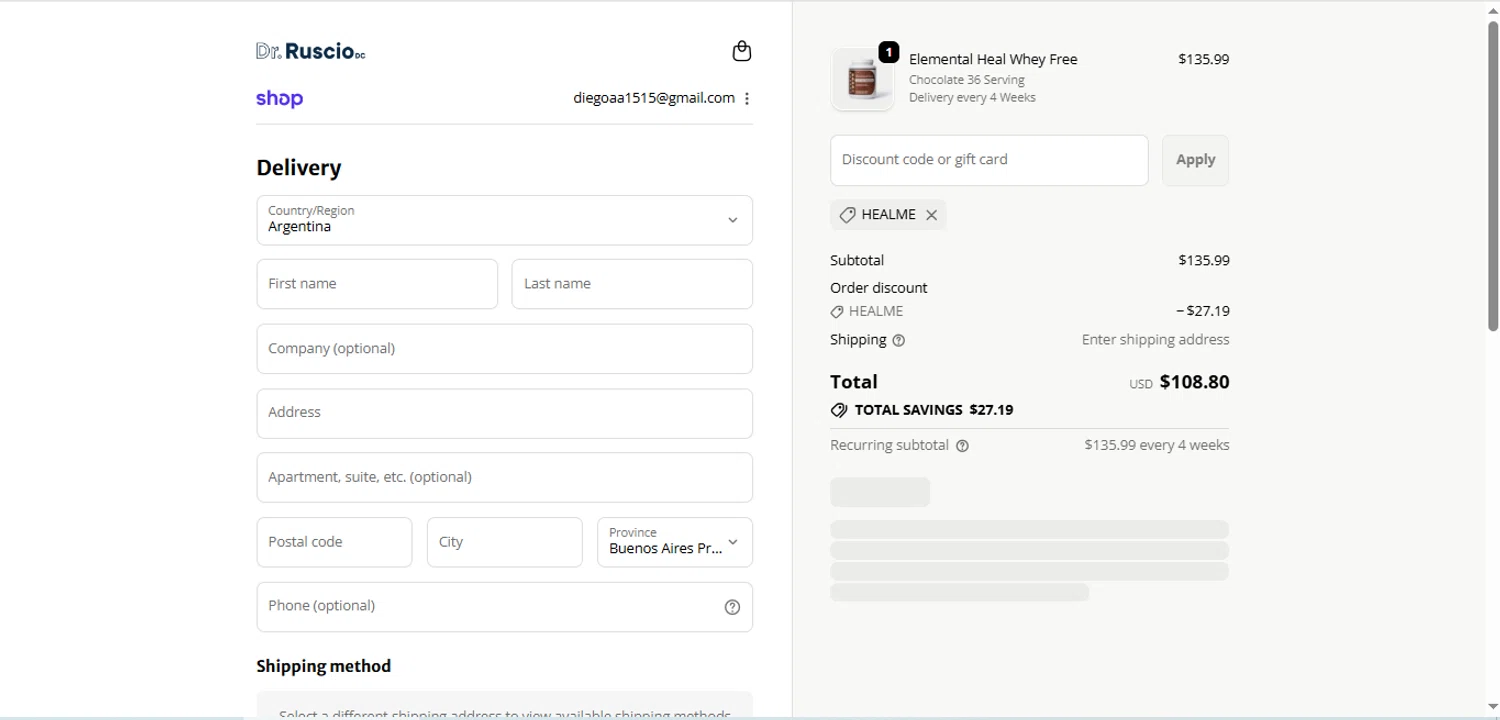 Ruscio Institute Online Store promo code screenshot showing code HEALME applied at Ruscio Institute Online Store checkout page. Uploaded by SimplyCodes community member BargainShopper1384 on Oct 1, 2025