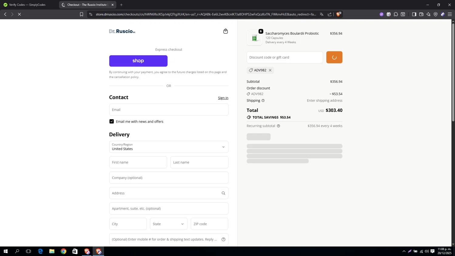 Ruscio Institute Online Store promo code screenshot showing code ADV982 applied at Ruscio Institute Online Store checkout page. Uploaded by SimplyCodes community member miguel01 on Dec 21, 2025