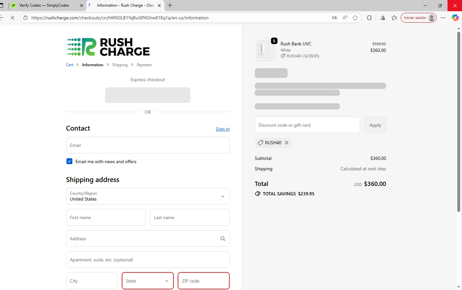 Rush Charge discount code screenshot showing code RUSH40 applied at Rush Charge checkout page. Uploaded by SimplyCodes community member SavvyWizard7346 on Sep 24, 2025