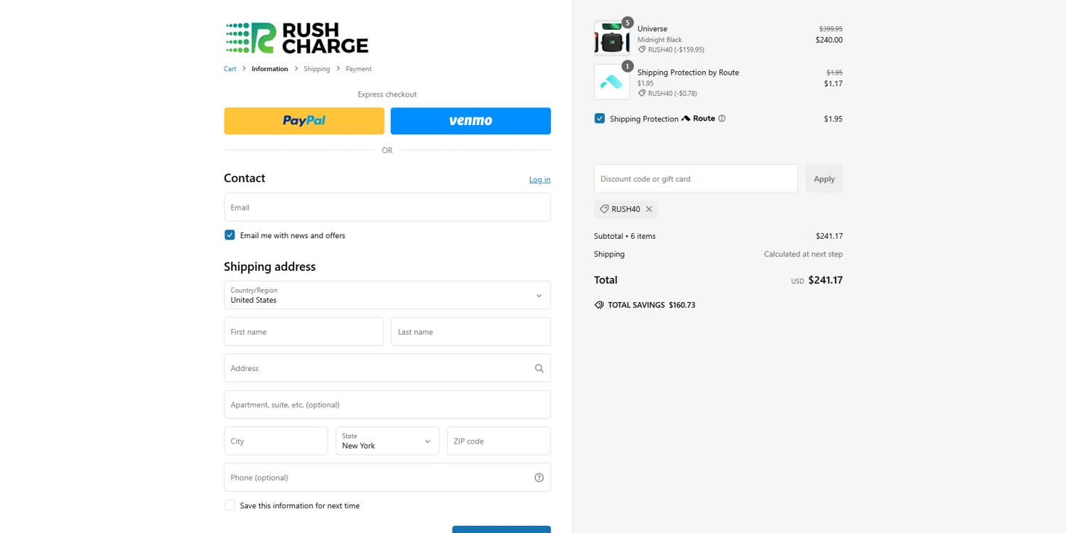 Rush Charge discount code screenshot showing code RUSH40 applied at Rush Charge checkout page. Uploaded by SimplyCodes community member DealOwl558 on Dec 31, 2024