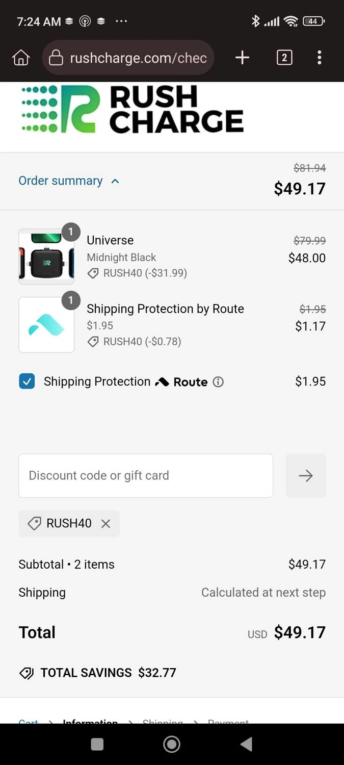 Rush Charge discount code screenshot showing code RUSH40 applied at Rush Charge checkout page. Uploaded by SimplyCodes community member EpicSentinel2965 on Dec 31, 2024