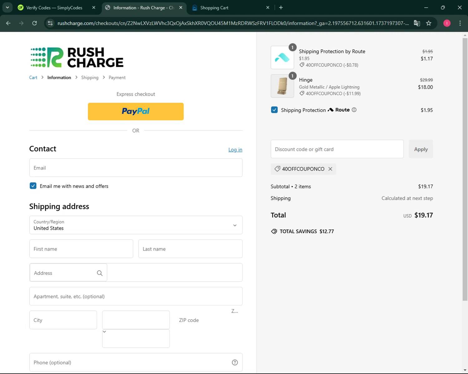 Rush Charge discount code screenshot showing code 40OFFCOUPONCO applied at Rush Charge checkout page. Uploaded by SimplyCodes community member BargainSeeker9964 on Jan 18, 2025