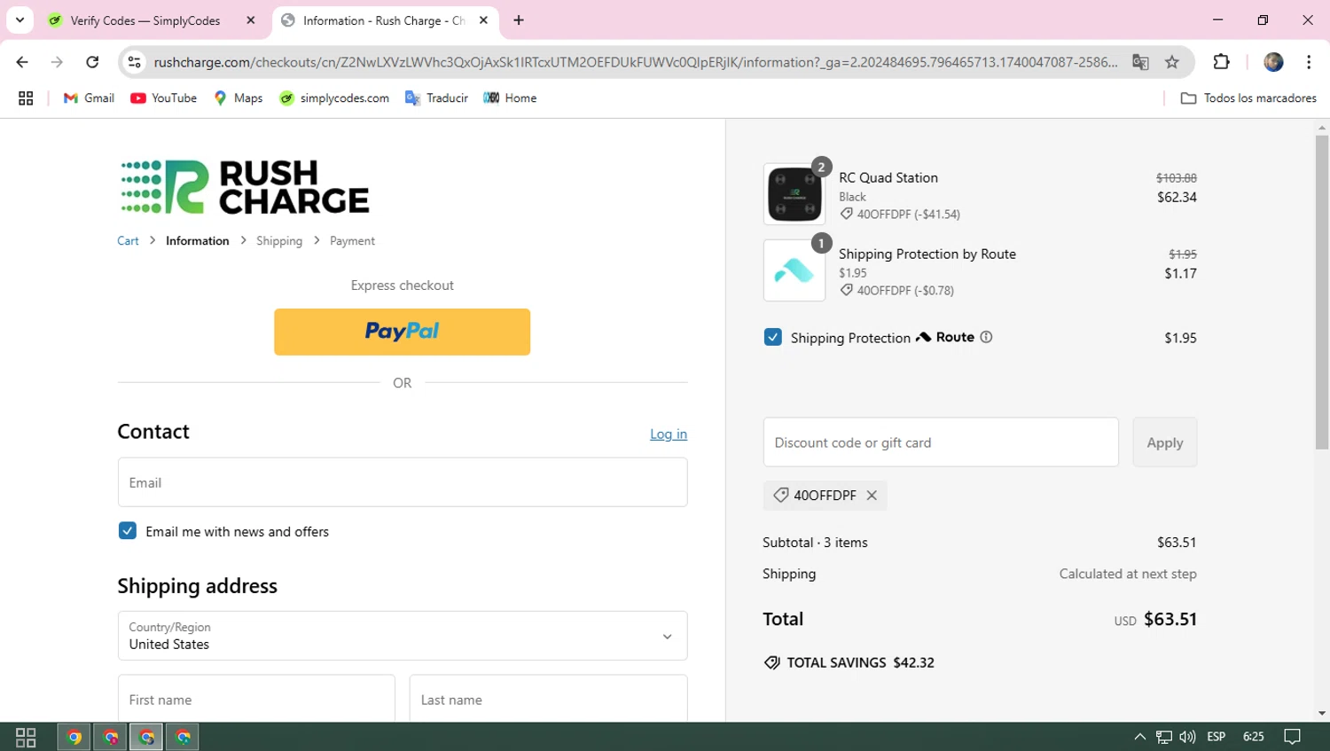 Rush Charge discount code screenshot showing code 40OFFDPF applied at Rush Charge checkout page. Uploaded by SimplyCodes community member ELROJO on Feb 20, 2025