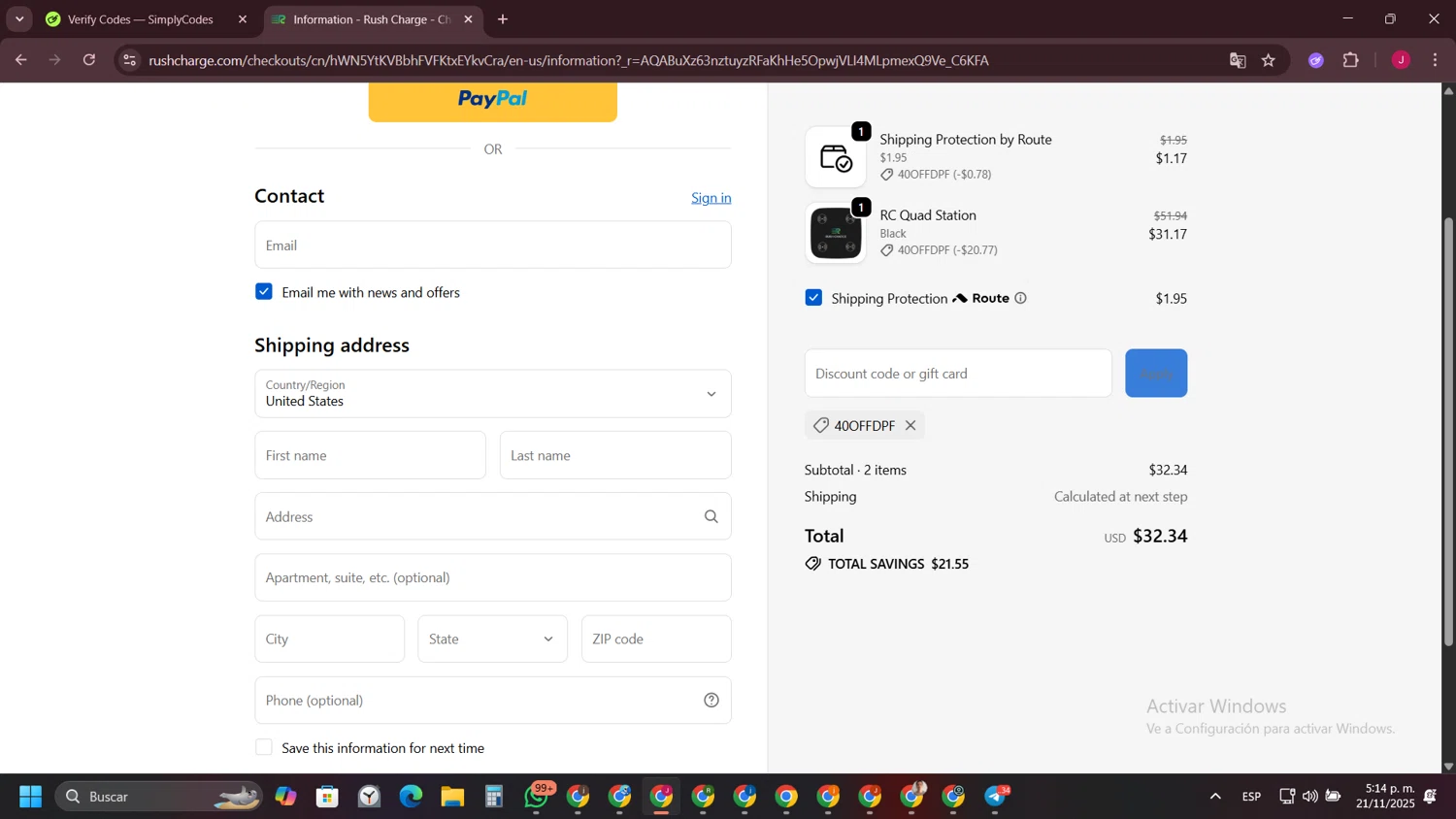 Rush Charge discount code screenshot showing code 40OFFDPF applied at Rush Charge checkout page. Uploaded by SimplyCodes community member FrugalFinder745 on Nov 21, 2025