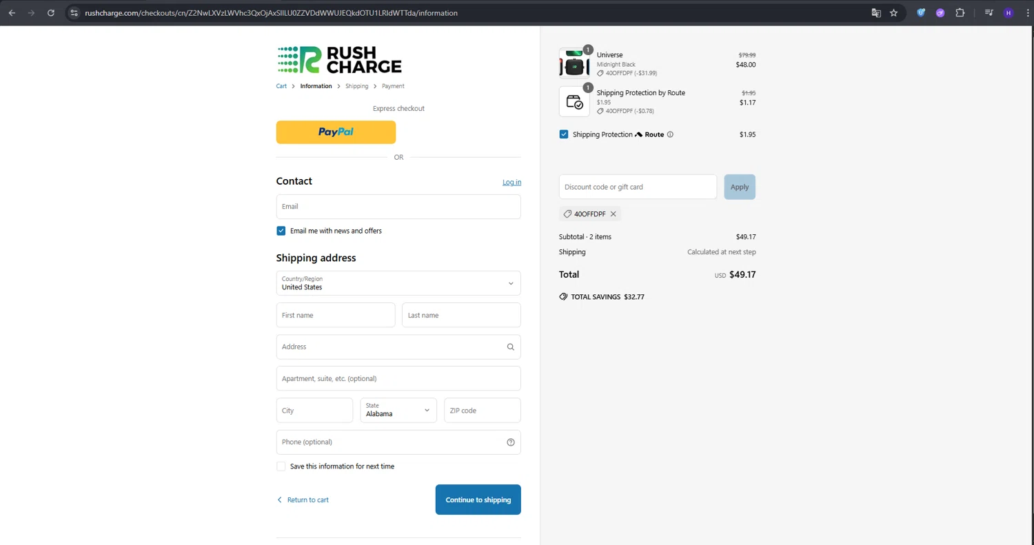 Rush Charge discount code screenshot showing code 40OFFDPF applied at Rush Charge checkout page. Uploaded by SimplyCodes community member RebateVirtuoso9954 on Jun 25, 2025