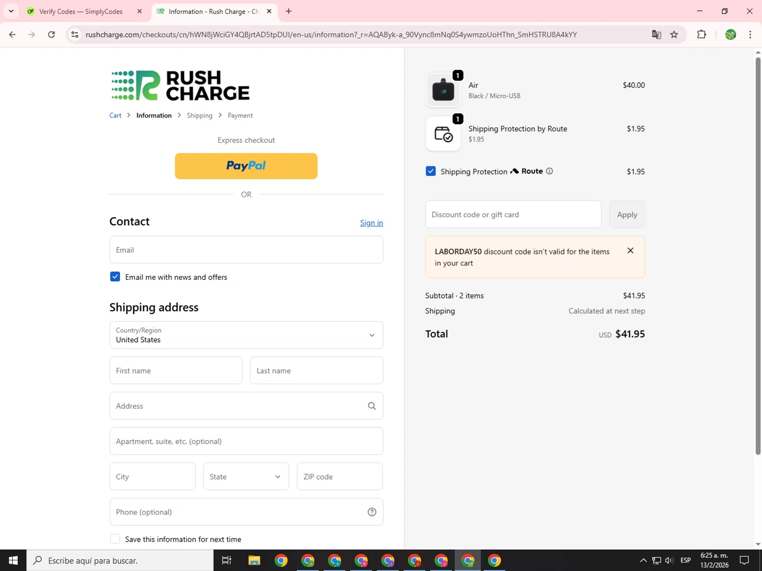 Rush Charge checkout page showing Rush Charge discount code box | Screenshot taken by SimplyCodes community member on Feb 13, 2026