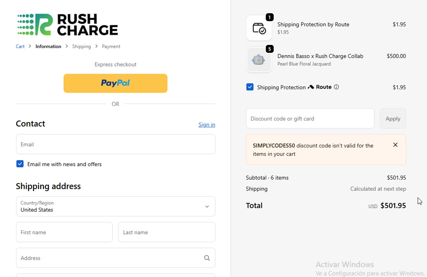 Rush Charge discount code screenshot showing code SIMPLYCODES50 applied at Rush Charge checkout page. Uploaded by SimplyCodes community member BudgetGuardian5712 on Dec 22, 2025