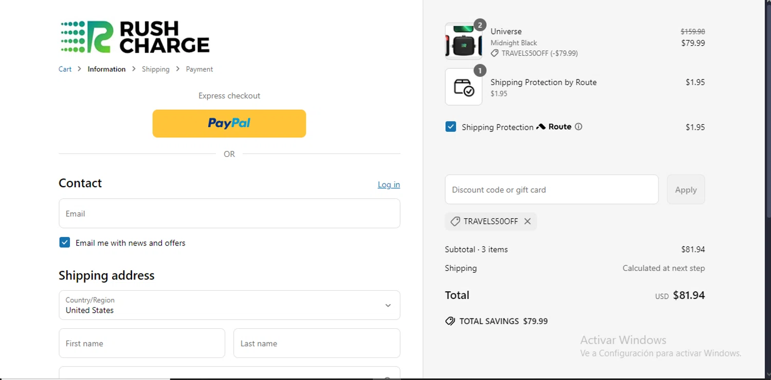 Rush Charge discount code screenshot showing code TRAVELS50OFF applied at Rush Charge checkout page. Uploaded by SimplyCodes community member RewardLynx9164 on Jun 4, 2025
