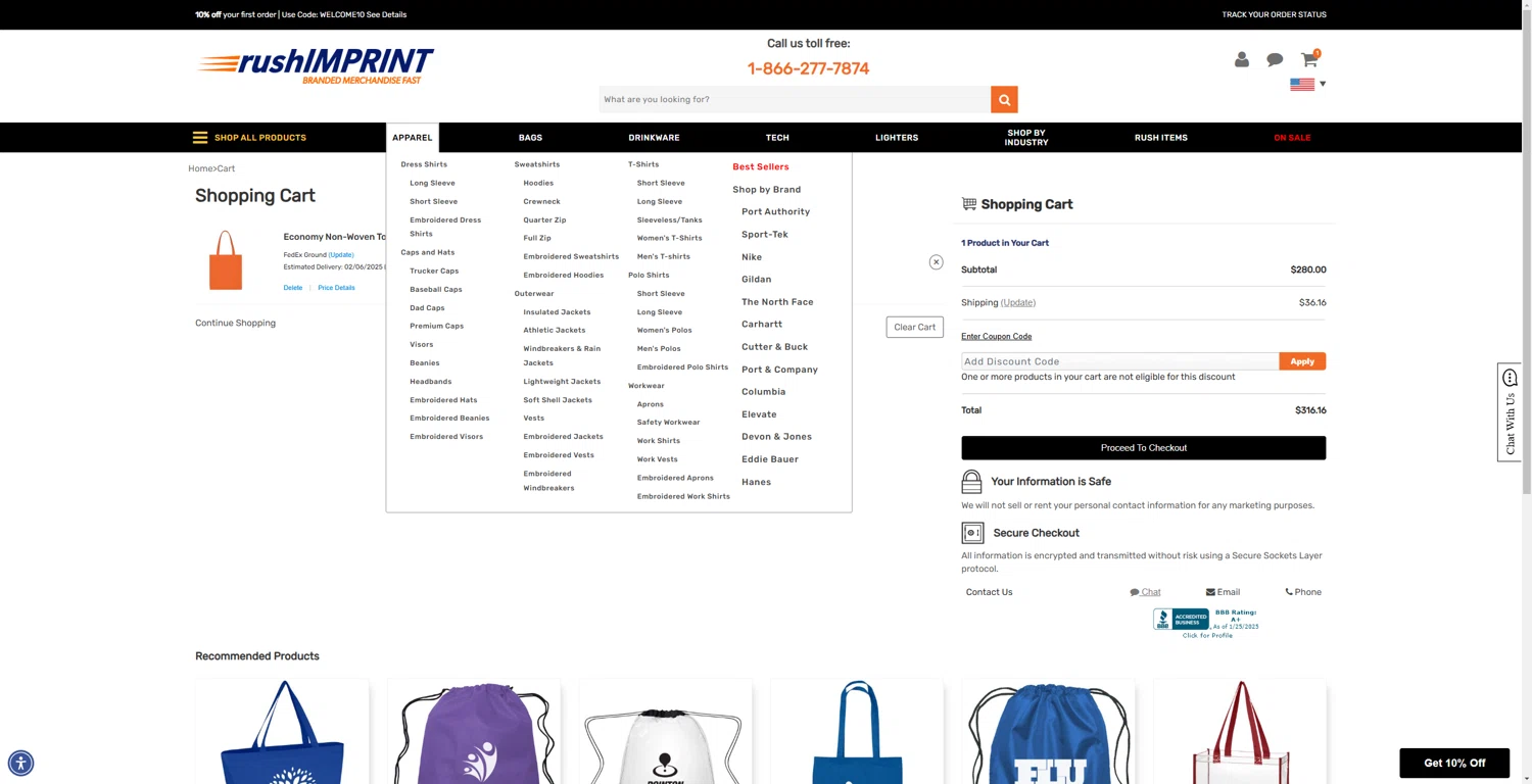 rushIMPRINT promo code screenshot showing code RUSH15 applied at rushIMPRINT checkout page. Uploaded by SimplyCodes community member Tenmyoldy on Jan 28, 2025