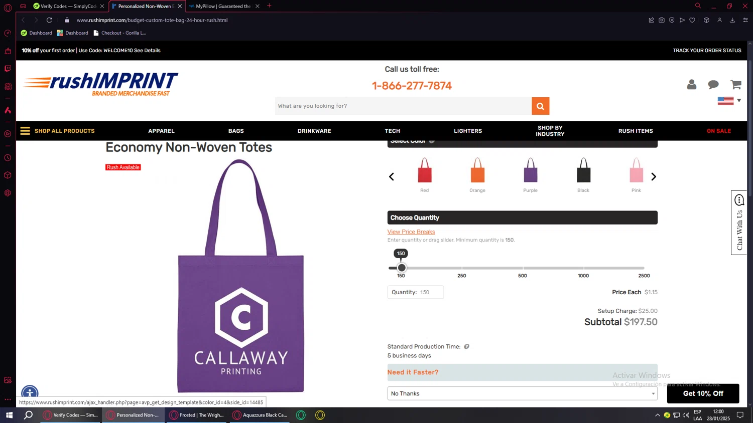 rushIMPRINT promo code screenshot showing code RUSH15 applied at rushIMPRINT checkout page. Uploaded by SimplyCodes community member MoneyMonarch9272 on Jan 28, 2025