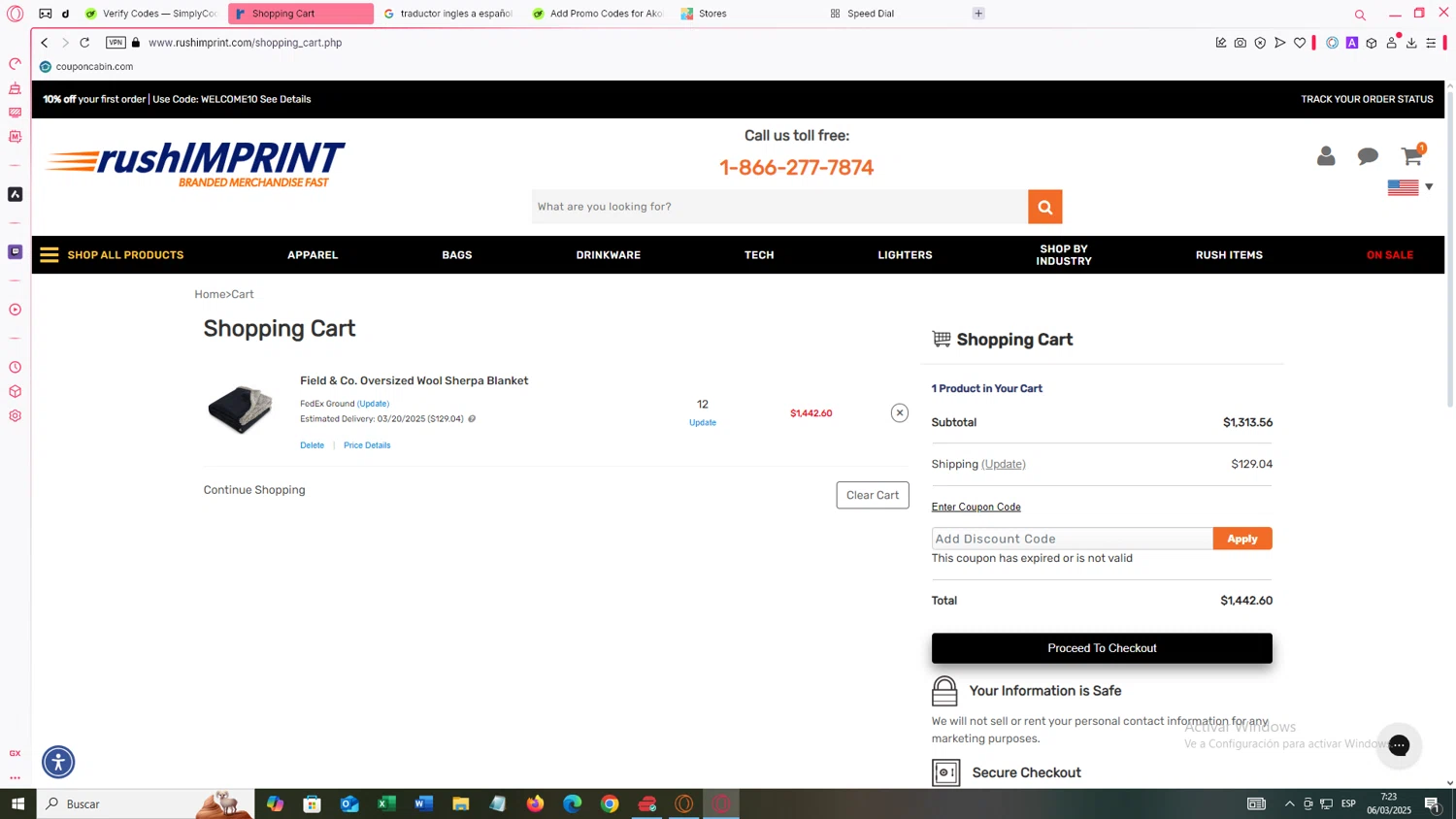 rushIMPRINT promo code screenshot showing code blanket20 applied at rushIMPRINT checkout page. Uploaded by SimplyCodes community member JEUGENIO on Mar 6, 2025