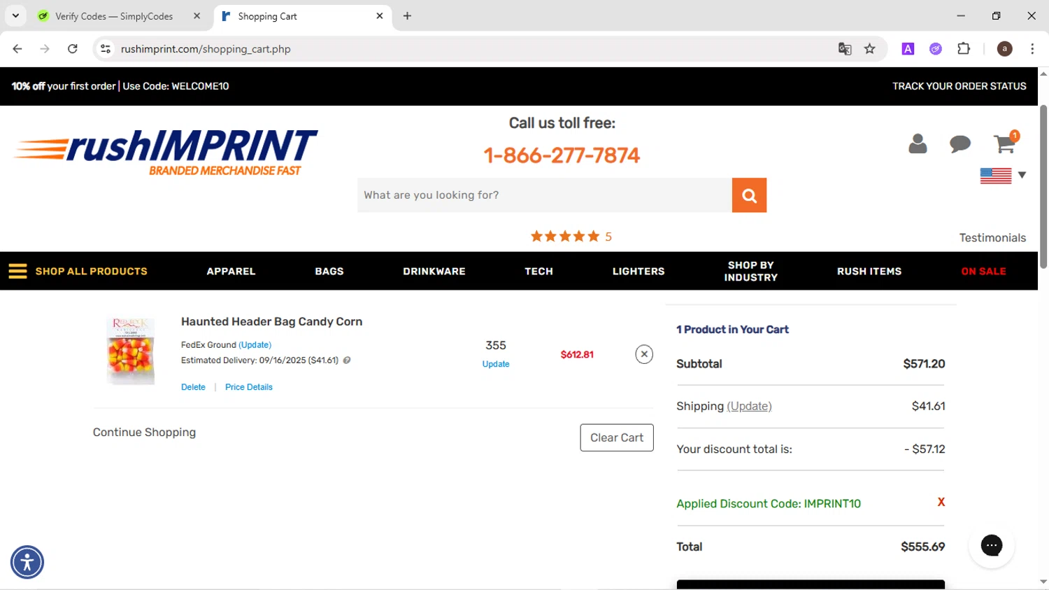 rushIMPRINT promo code screenshot showing code IMPRINT10 applied at rushIMPRINT checkout page. Uploaded by SimplyCodes community member CodeMaverick246 on Aug 29, 2025