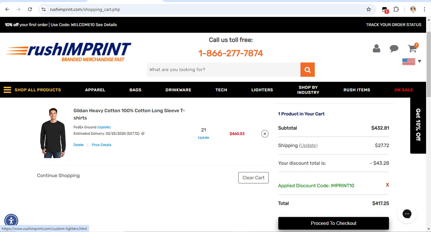 rushIMPRINT promo code screenshot showing code IMPRINT10 applied at rushIMPRINT checkout page. Uploaded by SimplyCodes community member LegendaryTitan9160 on Feb 10, 2025