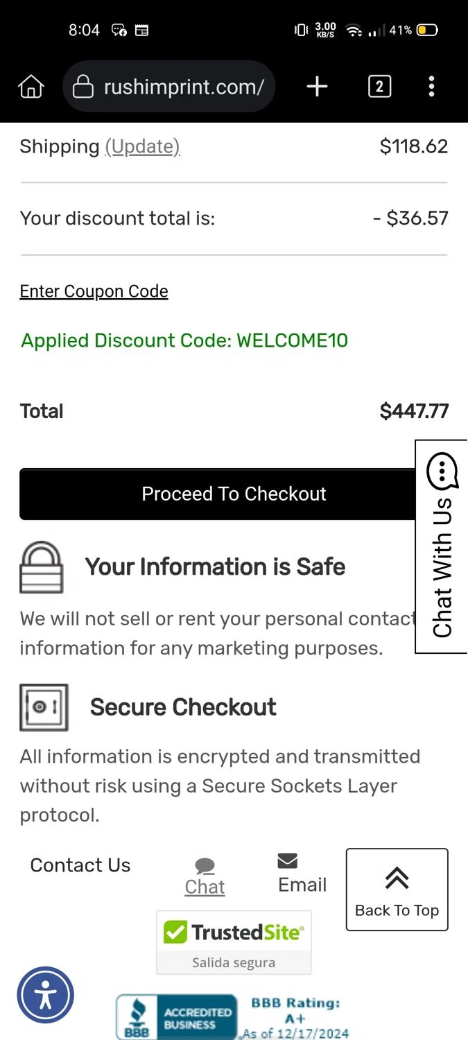 rushIMPRINT checkout page showing rushIMPRINT promo code box | Screenshot taken by SimplyCodes community member on Dec 17, 2024