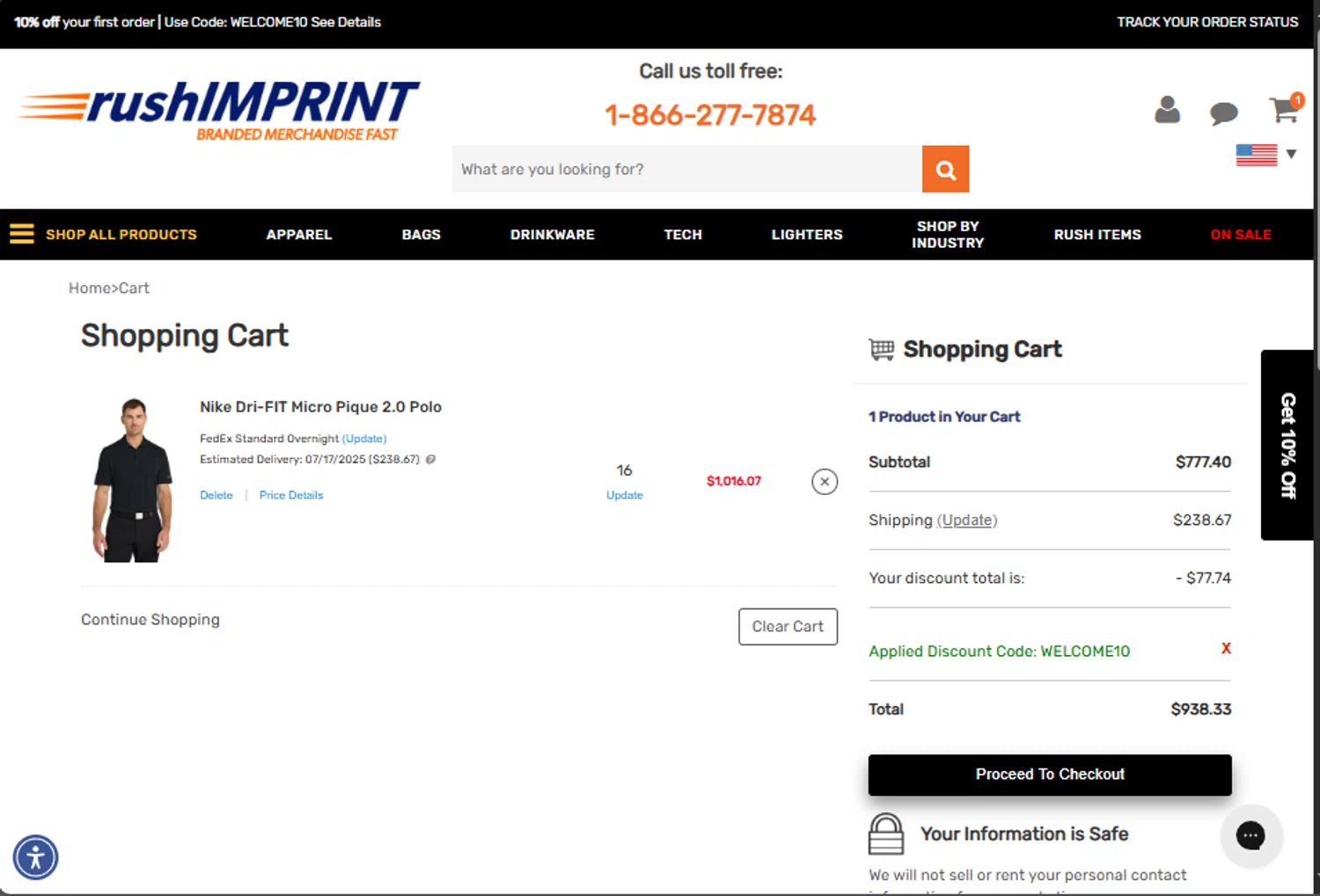 rushIMPRINT promo code screenshot showing code WELCOME10 applied at rushIMPRINT checkout page. Uploaded by SimplyCodes community member jupitera on Jul 5, 2025