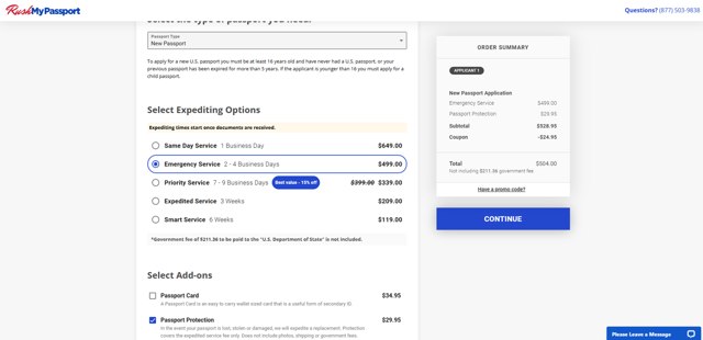 RushMyPassport checkout page showing RushMyPassport promo code box | Screenshot taken by SimplyCodes community member on Jun 10, 2025