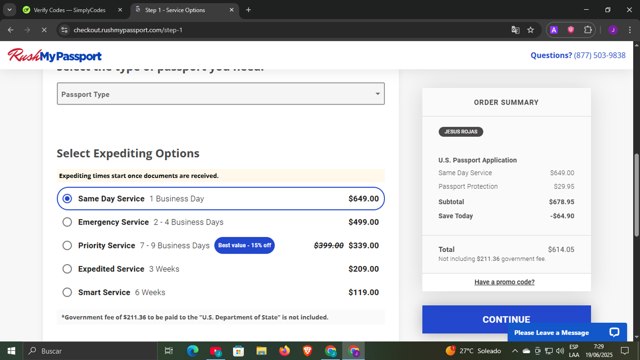 RushMyPassport checkout page showing RushMyPassport promo code box | Screenshot taken by SimplyCodes community member on Jun 19, 2025