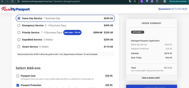 RushMyPassport checkout page showing RushMyPassport promo code box | Screenshot taken by SimplyCodes community member on Jun 25, 2025