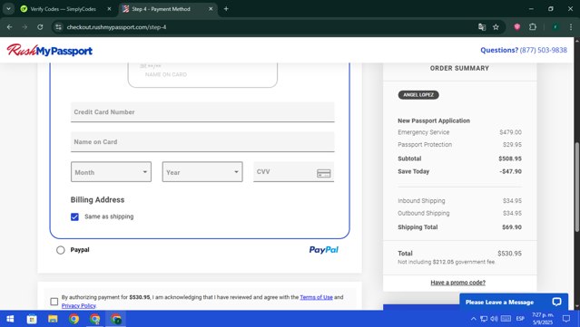 RushMyPassport checkout page showing RushMyPassport promo code box | Screenshot taken by SimplyCodes community member on Sep 5, 2025