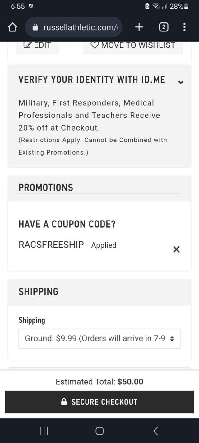 Russell Athletic checkout page showing Russell Athletic promo code box | Screenshot taken by SimplyCodes community member on Jul 26, 2023