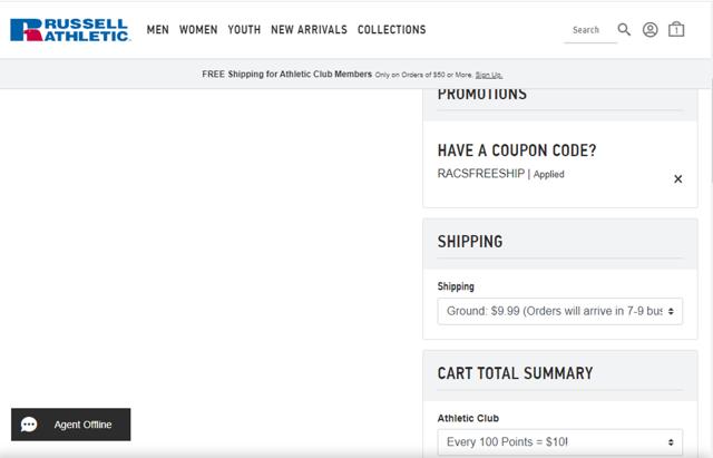 Russell Athletic checkout page showing Russell Athletic promo code box | Screenshot taken by SimplyCodes community member on Sep 2, 2024