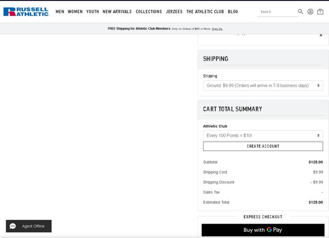 Russell Athletic checkout page showing Russell Athletic promo code box | Screenshot taken by SimplyCodes community member on Nov 19, 2024