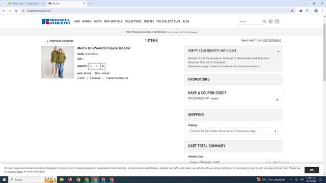 Russell Athletic checkout page showing Russell Athletic promo code box | Screenshot taken by SimplyCodes community member on Nov 19, 2024