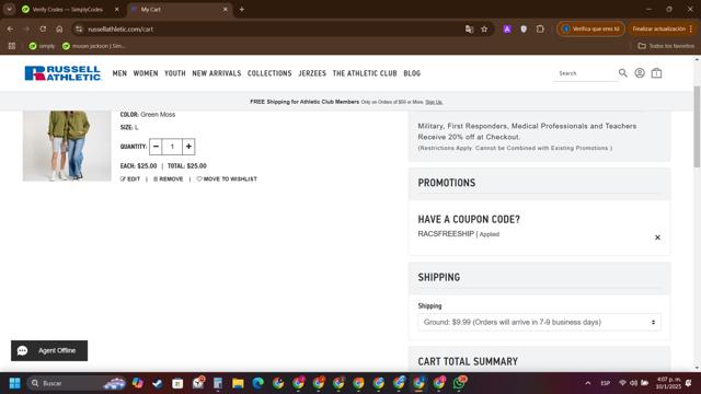 Russell Athletic checkout page showing Russell Athletic promo code box | Screenshot taken by SimplyCodes community member on Jan 10, 2025
