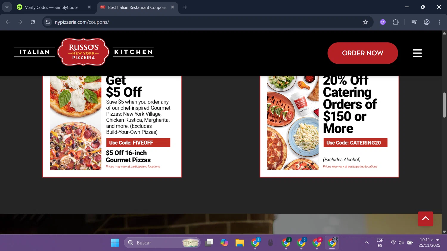 Russo's New York Pizzeria promo code screenshot showing code CATERING20 applied at Russo's New York Pizzeria checkout page. Uploaded by SimplyCodes community member SmartLegend506 on Nov 25, 2025