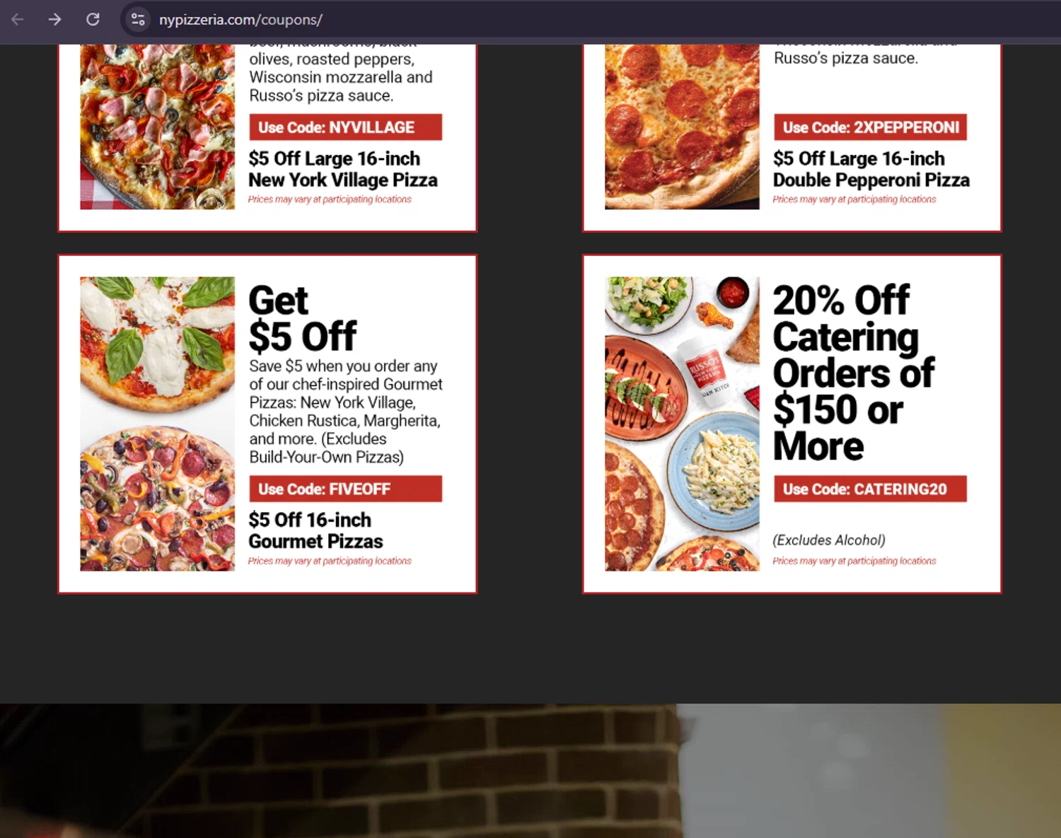 Russo's New York Pizzeria promo code screenshot showing code fiveoff applied at Russo's New York Pizzeria checkout page. Uploaded by SimplyCodes community member MoneySage8222 on Nov 25, 2025
